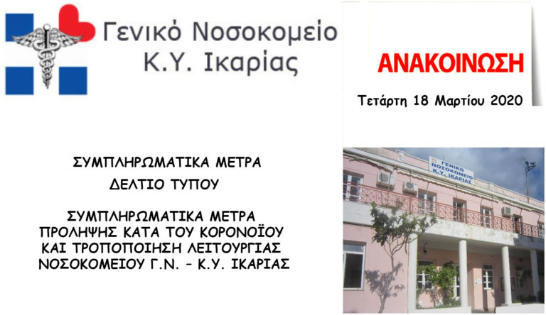 Συμπληρωματικά μέτρα από το Γενικό Νοσοκομείο – Κ.Υ Ικαρίας