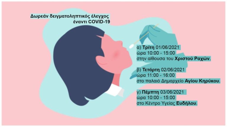 Δωρεάν δειγματοληπτικός έλεγχος έναντι COVID-19 σε Ράχες, Άγιο Κήρυκο & Εύδηλο