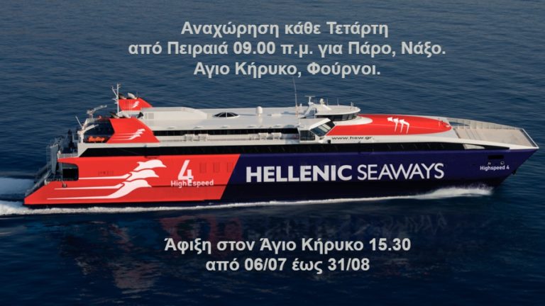 Έναρξη από 06/07 των δρομολογίων του HIGHSPEED 4 στη γραμμή Πειραιάς – Άγιος Κήρυκος